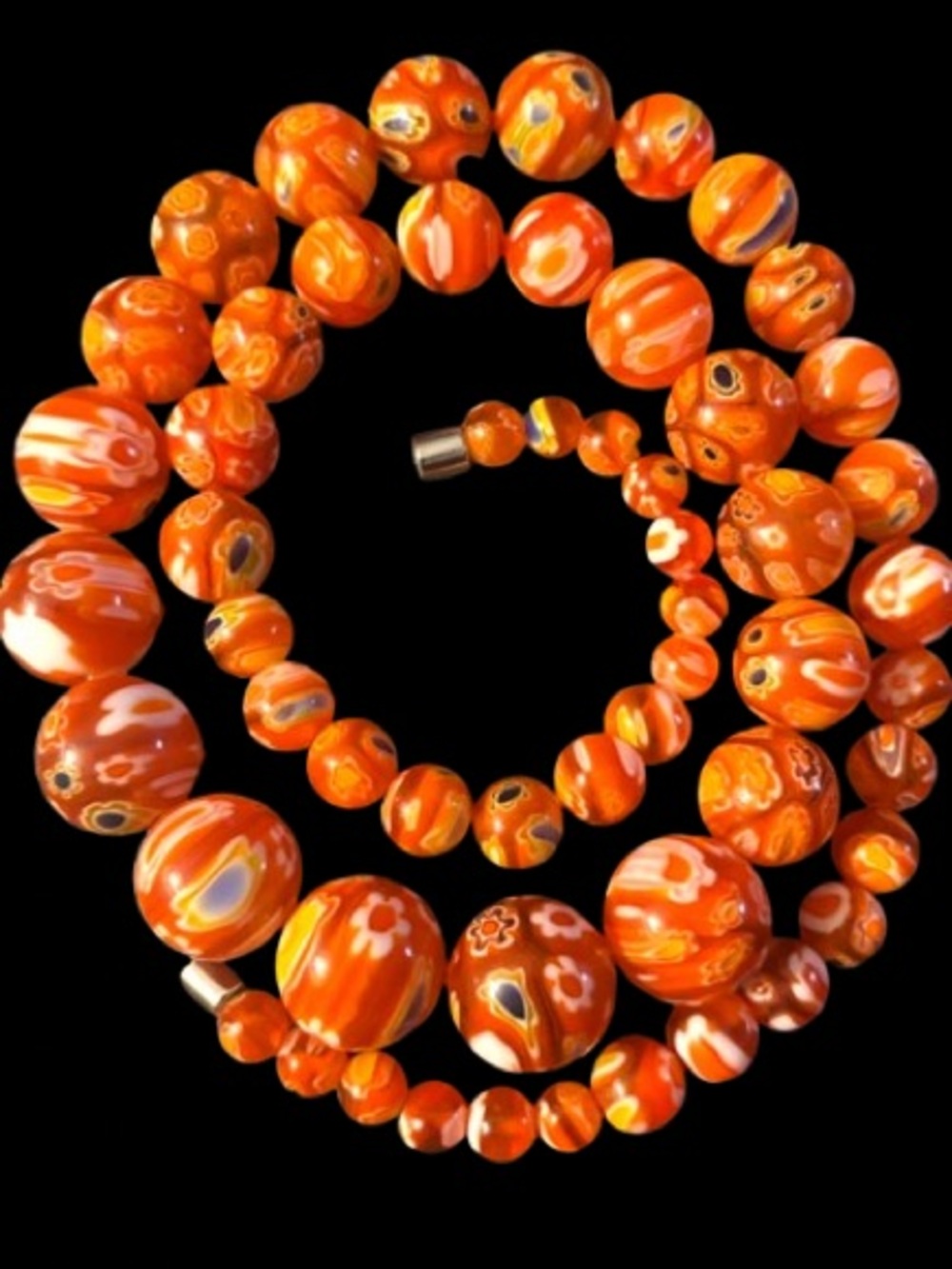 Orange Graduated Millefiori Art Glass Bead Necklace 20”